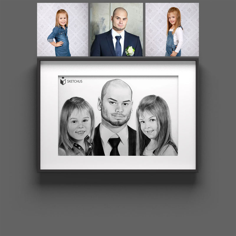 Familienportrait Bleistift Bilder zeichnen lassen Skizze malen Eltern Zeichnung Familienbild Gemälde Hochzeitsportrait Gruppenportrai Pärchen Portraits für Paare Sketchus